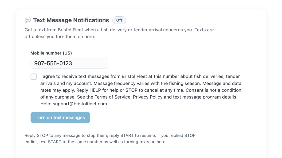Screenshot of the Text Message Notifications section of the Bristol Fleet account page: a mobile number field, an unticked consent checkbox with the statement above, links to the Terms of Service, Privacy Policy and this page, and a Turn on text messages button.